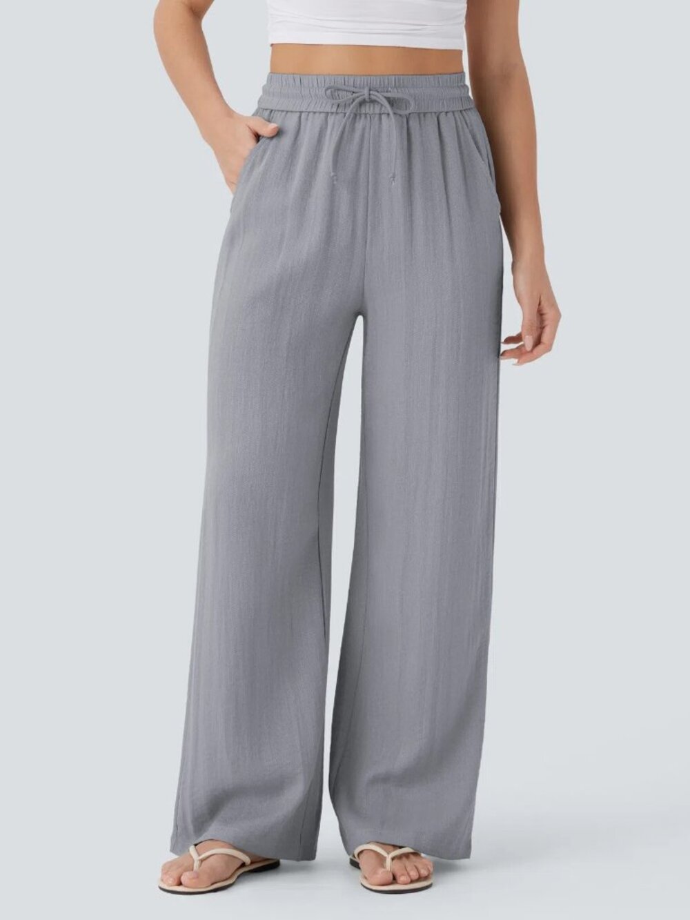NEW Halara High Waisted Drawstring Pocket Wide Leg Baggy Linen-Feel Pant XS Grey